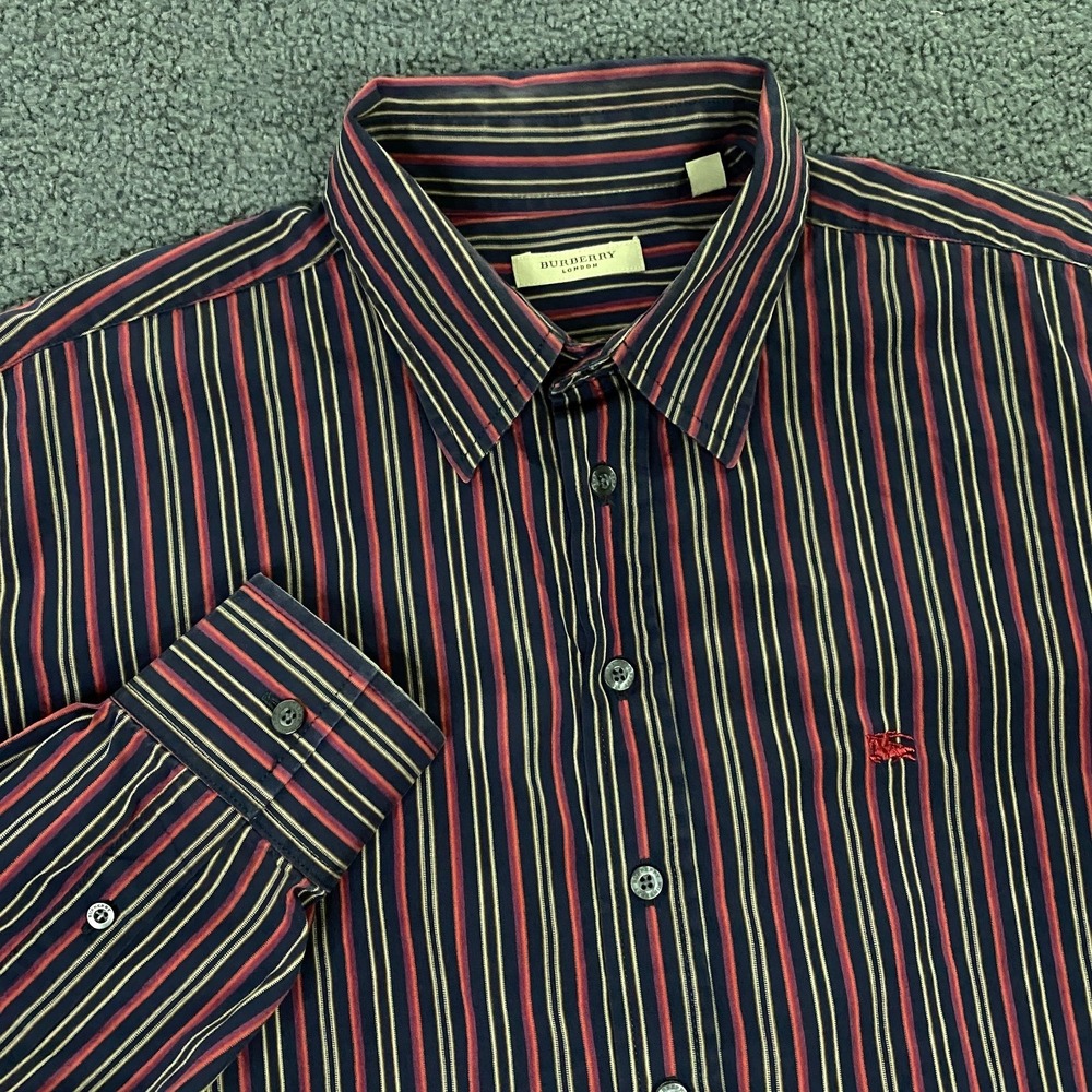 Burberry London Shirt Mens XL Striped‎ Cotton Embrodiered Logo Button Up Red